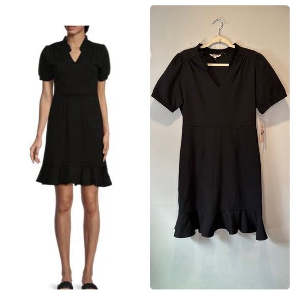 NWT Nanette Lepore Stretch Black Short Sleeve Ruffle Hem Dress Sz 10 - Picture 1 of 16
